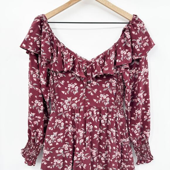 Rebecca Taylor Tilda Floral 100% Silk Ruffle Dress in Burgundy Size 6 - Picture 6 of 14